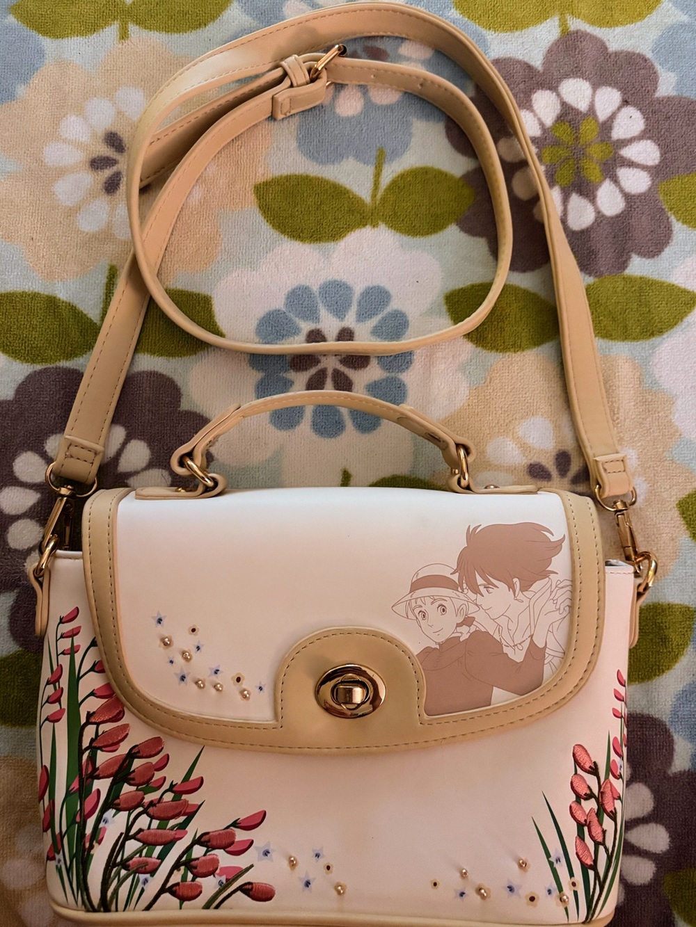 Cream Floral Illustration Top-Handle Crossbody Bag with Gold Turn-Lock